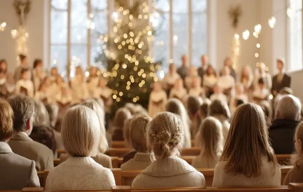 A back-view of a congregation seated in wooden pews inside a brightly lit church, watching a choir perform in front of a glowing Christmas tree.