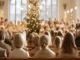 A back-view of a congregation seated in wooden pews inside a brightly lit church, watching a choir perform in front of a glowing Christmas tree.