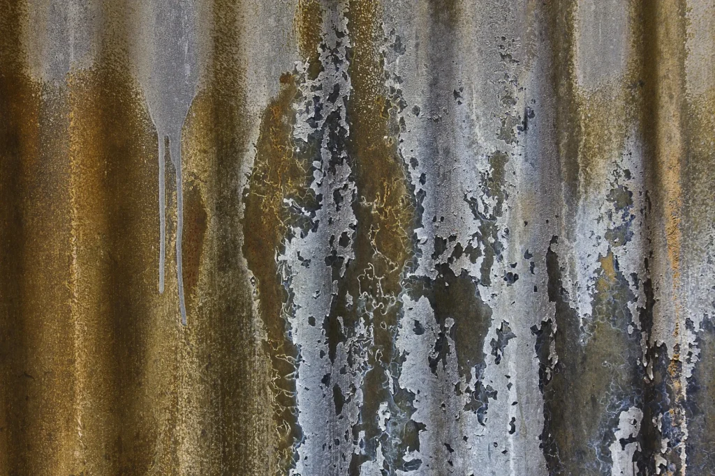 Heavily rusted and corroded corrugated metal showing flaking paint and orange-brown oxidation caused by prolonged water exposure.