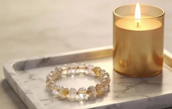 A handmade custom bracelet featuring clear and amber-toned faceted gemstone beads, resting on a white marble tray next to a glowing gold candle.