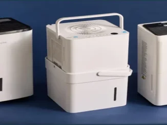 Three different white portable dehumidifiers, including a Frigidaire model and a Midea Cube, showcasing varying tank sizes and designs for moisture removal.