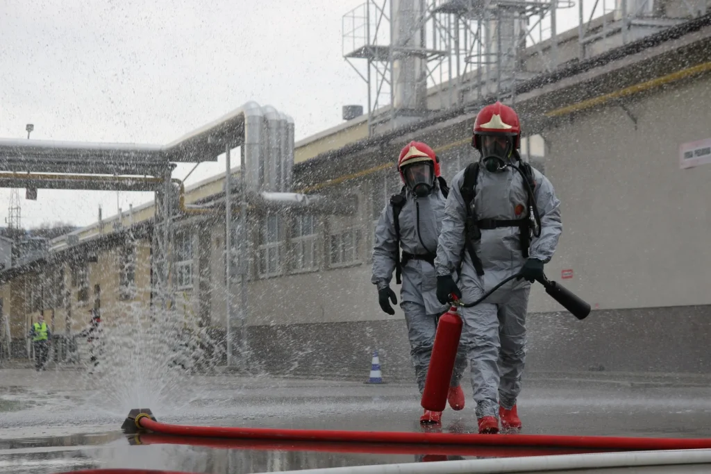 Industrial Firefighters Training with Deluge System Activation