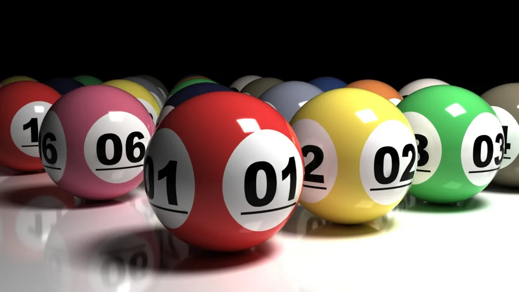 A high-definition 3D render of glossy, colorful lottery balls with numbers 01, 02, 03, and 06 prominently displayed against a dark background.