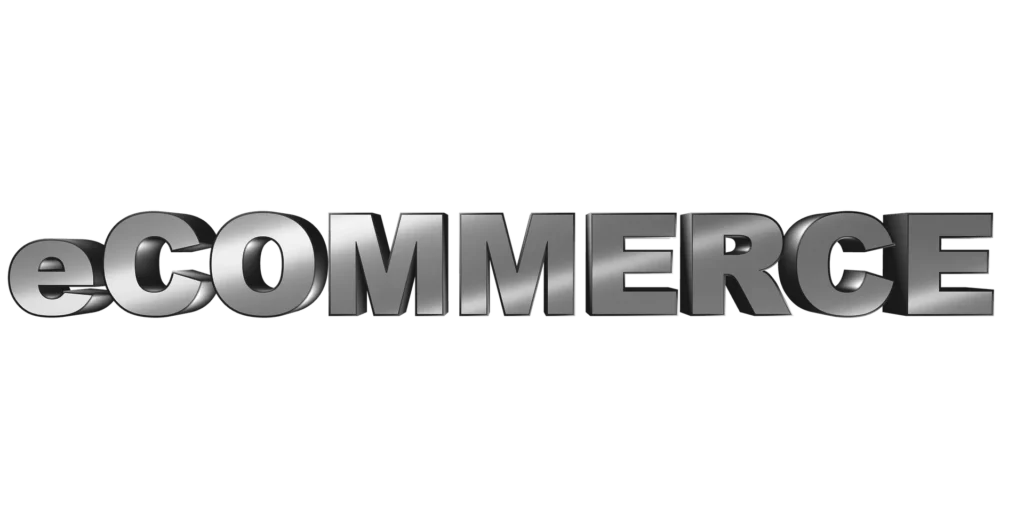 3D metallic silver text reading "eCOMMERCE" against a clean white background, representing modern digital retail solutions for San Diego businesses.