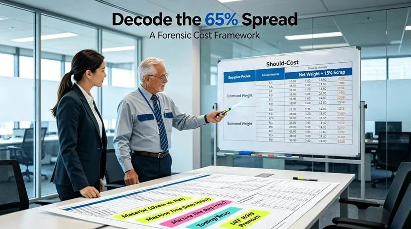 A procurement manager and manufacturing engineer collaborate in a modern office, highlighting key areas of a CNC turning quote on paper and comparing it to a "Should-Cost" analysis on a whiteboard, visualizing the forensic approach to cost understanding.