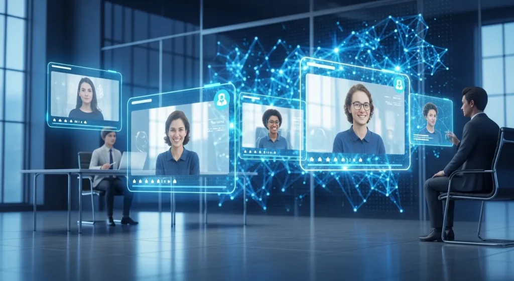 A futuristic office setting showing a man in a suit interacting with multiple glowing digital holographic screens. Each screen displays a different female candidate’s face, connected by a blue neural network graphic, illustrating AI-driven remote hiring or identity proxy concepts.