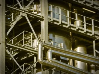 Close-up view of complex industrial steel scaffolding, large vertical storage tanks, and insulated metal piping in a chemical or power plant setting, representing the infrastructure used for deluge fire suppression.