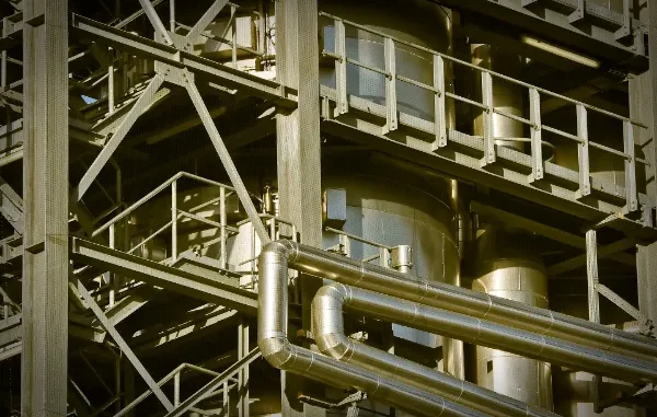 Close-up view of complex industrial steel scaffolding, large vertical storage tanks, and insulated metal piping in a chemical or power plant setting, representing the infrastructure used for deluge fire suppression.