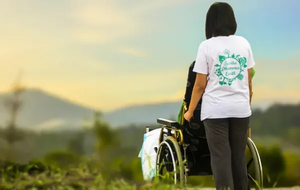 A woman in a white t-shirt stands behind an elderly person in a wheelchair, both facing away from the camera toward a soft, hazy mountain landscape at sunset.
