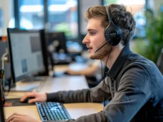 A male consultant wearing a headset and working at a computer in a modern office, representing a professional assisting NDIS providers with registration and compliance.