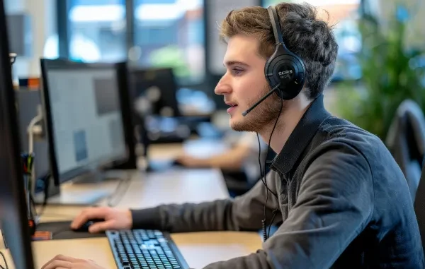 A male consultant wearing a headset and working at a computer in a modern office, representing a professional assisting NDIS providers with registration and compliance.