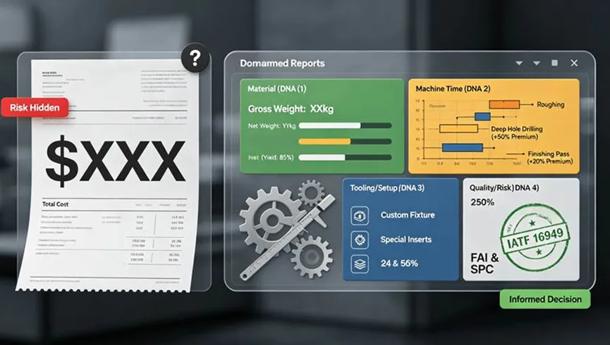 Infographic contrasting a single-figure, high-risk "black box" CNC quote with a fully transparent, four-dimensional cost breakdown detailing material yield, machined time premiums, tooling, and quality system costs, as outlined in the article.
 
