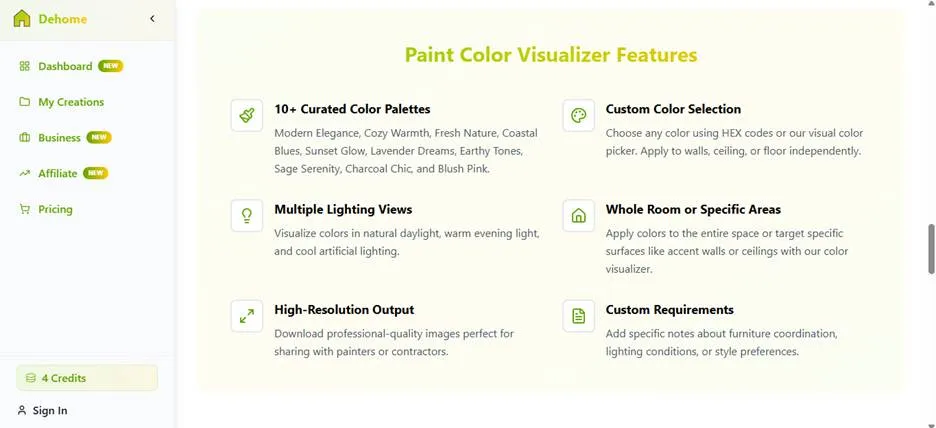 Dashboard of the Dehome Paint Color Visualizer tool highlighting features like curated palettes, custom HEX code selection, lighting views, and high-resolution output.