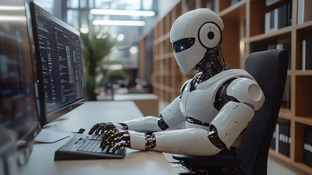 Personal AI Agent robot woking on computer