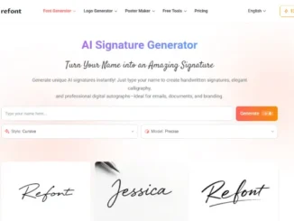 A screenshot of the Refont AI Signature Generator interface showing options for cursive styles and professional handwritten signature examples.