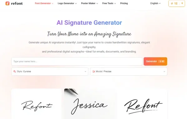 A screenshot of the Refont AI Signature Generator interface showing options for cursive styles and professional handwritten signature examples.