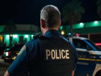 A back view of a police officer wearing a dark blue uniform and a tactical vest with "POLICE" printed in large white letters, standing in front of a patrol car with flashing lights at night.