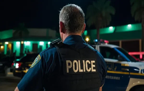 A back view of a police officer wearing a dark blue uniform and a tactical vest with "POLICE" printed in large white letters, standing in front of a patrol car with flashing lights at night.