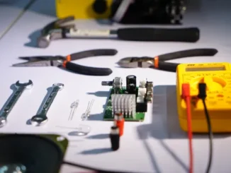 A collection of professional tools including a yellow digital multimeter, circuit board, needle-nose pliers, wire cutters, wrenches, and a hammer arranged on a white workbench.