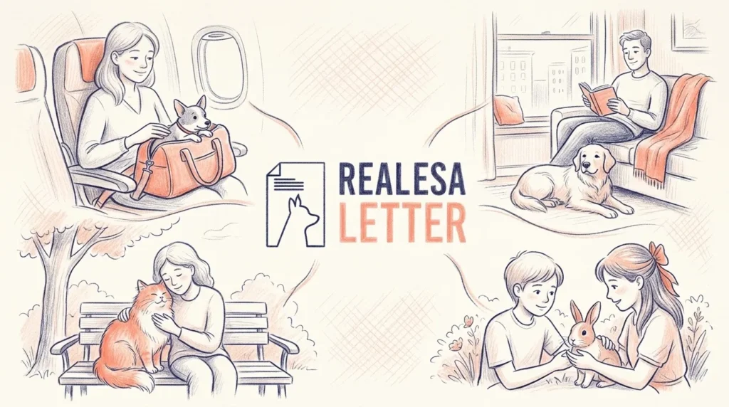 A four-panel illustration showing people with their emotional support animals: a woman flying with a small dog, a man reading with a golden retriever, a woman sitting on a park bench with a cat, and two children with a rabbit. The RealESAletter logo is centered.