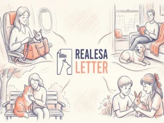 A four-panel digital illustration showcasing different scenarios of people with their emotional support animals—including a woman with a dog on a plane, a man reading with a dog at home, a woman hugging a cat on a park bench, and two children with a rabbit—centered around the "RealESAletter" logo and a document icon.