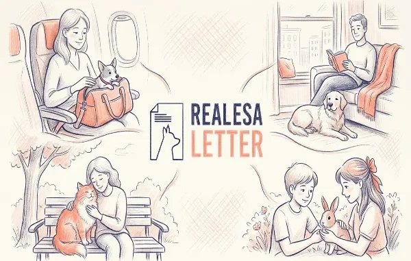A four-panel digital illustration showcasing different scenarios of people with their emotional support animals—including a woman with a dog on a plane, a man reading with a dog at home, a woman hugging a cat on a park bench, and two children with a rabbit—centered around the "RealESAletter" logo and a document icon.