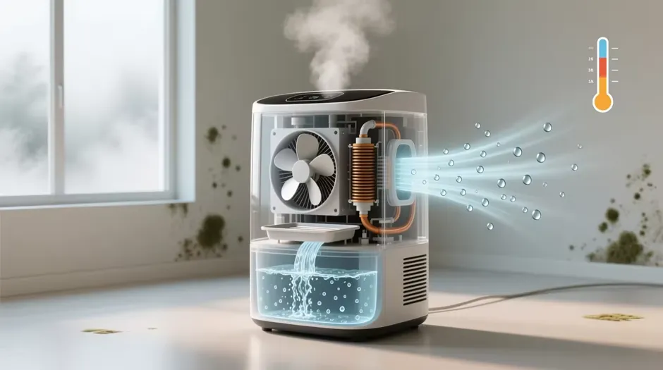 A 3D cross-section illustration of a refrigerant dehumidifier in a room with mold, showing the internal fan, cooling coils, and water collection tank to demonstrate humidity removal capacity.