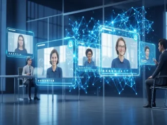A man in a suit sits in a modern office facing a series of holographic digital screens displaying various remote job candidates.