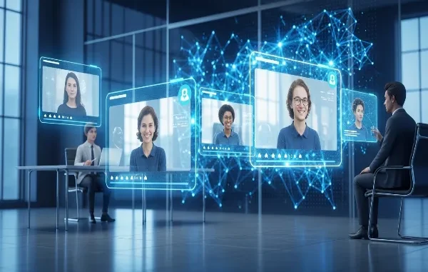 A man in a suit sits in a modern office facing a series of holographic digital screens displaying various remote job candidates.