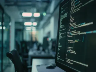 A modern, dimly lit software development office in 2026 showing computer monitors filled with complex AI-generated code and neural network scripts, representing the cutting edge of autonomous application building.