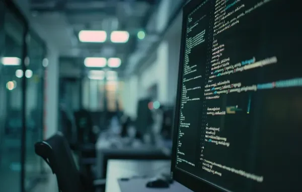 A modern, dimly lit software development office in 2026 showing computer monitors filled with complex AI-generated code and neural network scripts, representing the cutting edge of autonomous application building.