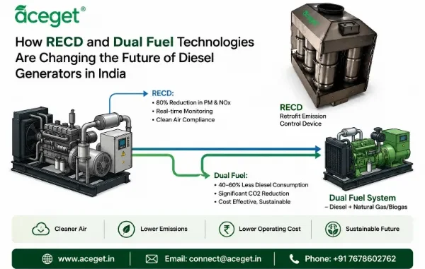 Infographic by Aceget titled "How RECD and Dual Fuel Technologies Are Changing the Future of Diesel Generators in India" showing the environmental and cost benefits of RECD and Dual Fuel Systems.