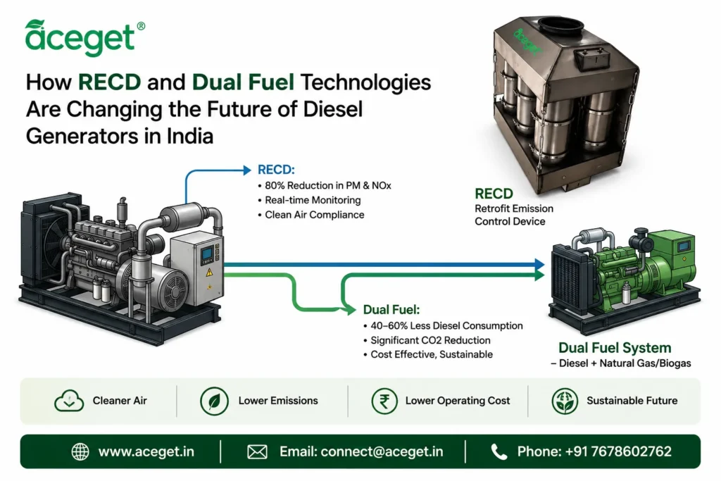 An infographic by Aceget titled "How RECD and Dual Fuel Technologies Are Changing the Future of Diesel Generators in India." The image shows diagram connections explaining RECD (Retrofit Emission Control Device), which offers an 80% reduction in PM and NOx alongside real-time monitoring. It also details the Dual Fuel System (Diesel + Natural Gas/Biogas), which reduces diesel consumption by 40–60% and lowers CO2 emissions. The bottom banner highlights core benefits: Cleaner Air, Lower Emissions, Lower Operating Cost, and Sustainable Future, alongside contact information.