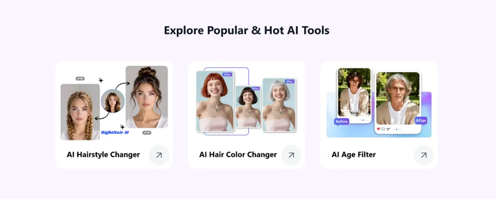 A showcase of AI-powered beauty tools including AI Hairstyle Changer, AI Hair Color Changer, and AI Age Filter, featuring before-and-after transformations.