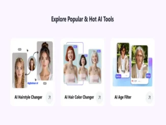 A showcase of three AI-powered transformation tools: "AI Hairstyle Changer" featuring various bun and braid styles, "AI Hair Color Changer" showing a woman with red, brown, and silver hair, and "AI Age Filter" demonstrating an aging progression on a male portrait.