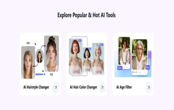 A showcase of three AI-powered transformation tools: "AI Hairstyle Changer" featuring various bun and braid styles, "AI Hair Color Changer" showing a woman with red, brown, and silver hair, and "AI Age Filter" demonstrating an aging progression on a male portrait.