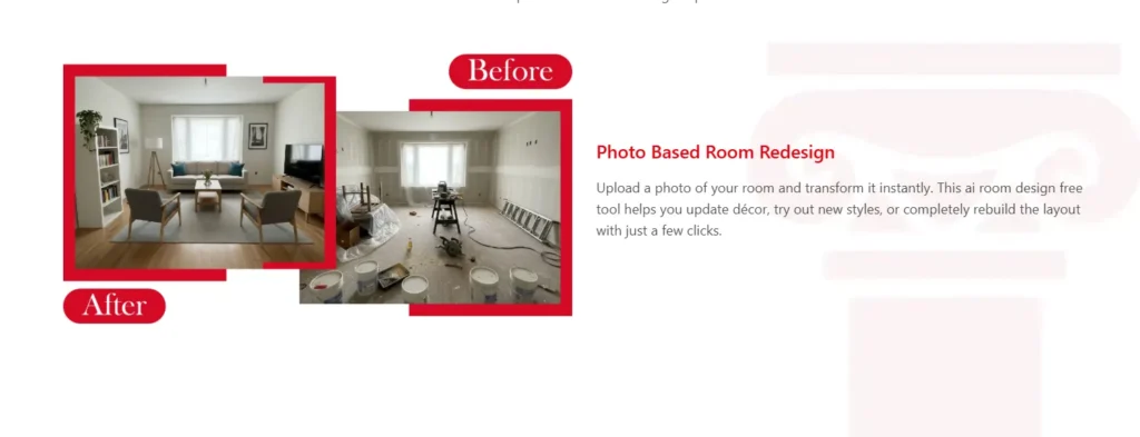 Side-by-side comparison of a room renovation, featuring a messy "Before" image of an unfinished living space under construction and an "After" image of a beautifully curated, modern living room designed by AI.