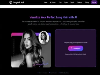 A screenshot of the LongHair Hub website interface featuring an AI tool that allows users to visualize long hairstyles on their own uploaded photos.
