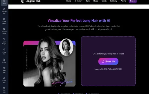 A screenshot of the LongHair Hub website interface featuring an AI tool that allows users to visualize long hairstyles on their own uploaded photos.