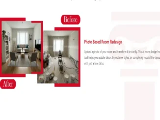 Side-by-side comparison of a room under construction versus a fully furnished, modern minimalist living room, showcasing a photo-based AI room redesign tool.