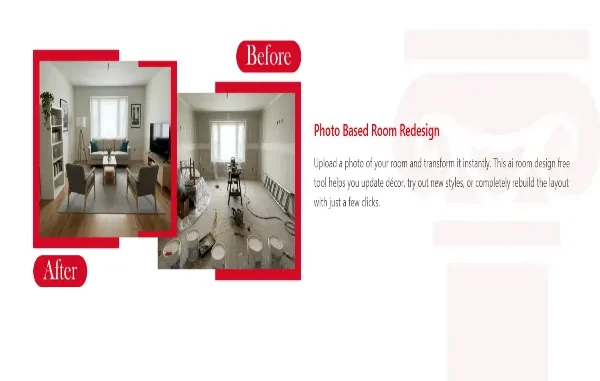 Side-by-side comparison of a room under construction versus a fully furnished, modern minimalist living room, showcasing a photo-based AI room redesign tool.