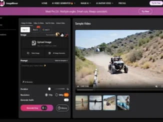 A screenshot of the ImageMover web interface showing the "Image to Video" tool, featuring an upload section, a text prompt box, and a sample video of an off-road vehicle being followed by a helicopter.