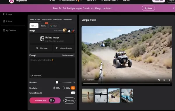 A screenshot of the ImageMover web interface showing the "Image to Video" tool, featuring an upload section, a text prompt box, and a sample video of an off-road vehicle being followed by a helicopter.
