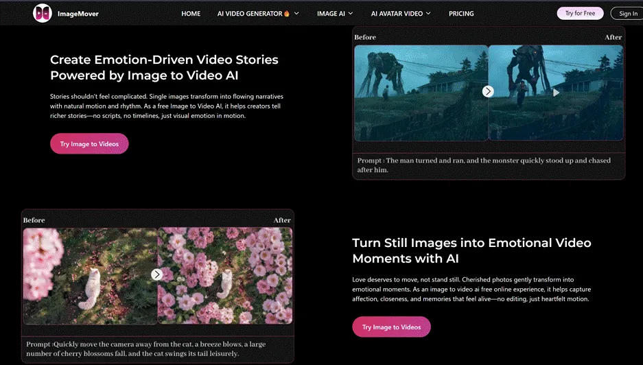 A website interface for ImageMover showing "Before and After" examples of AI video generation, featuring a cinematic monster scene and a cat in cherry blossoms.
