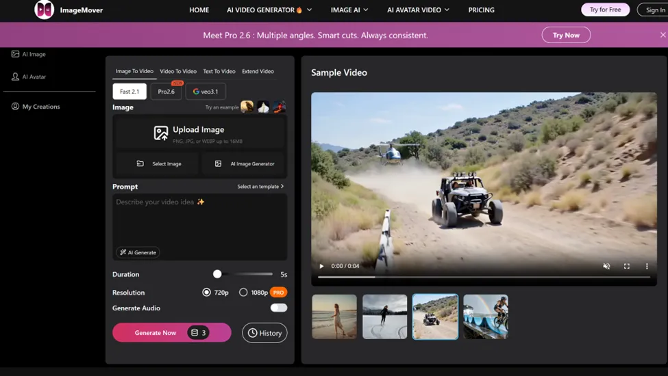 A screenshot of the ImageMover AI video generation interface showing "Image to Video" options, a text prompt box, and a sample video of a dune buggy being chased by a helicopter in a desert landscape.