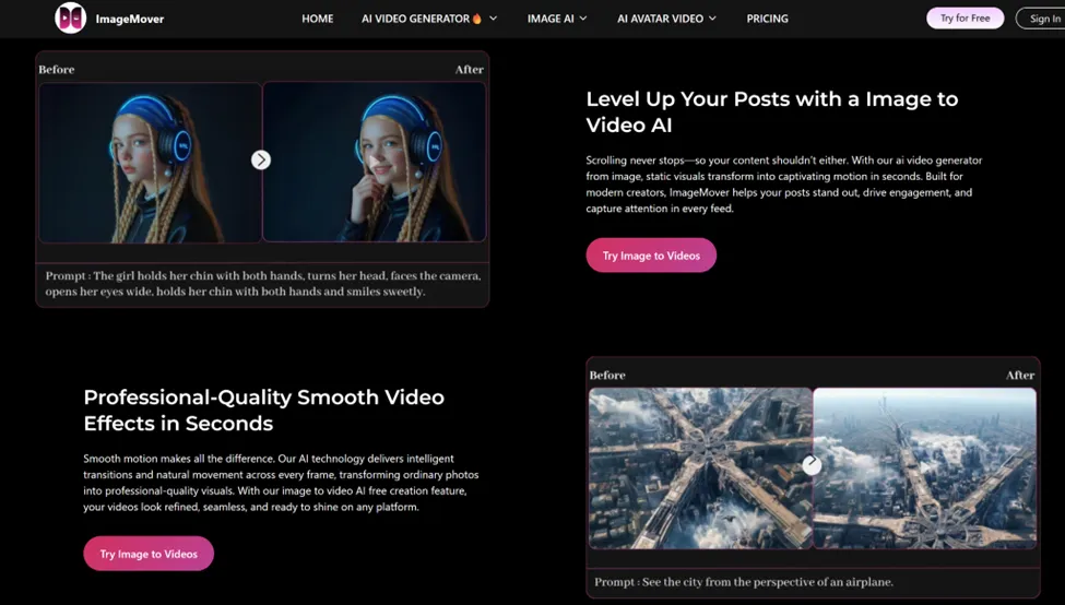 A screenshot of the ImageMover web interface showcasing "Before" and "After" examples of AI-generated video from static images, including a portrait of a girl and an aerial city view.