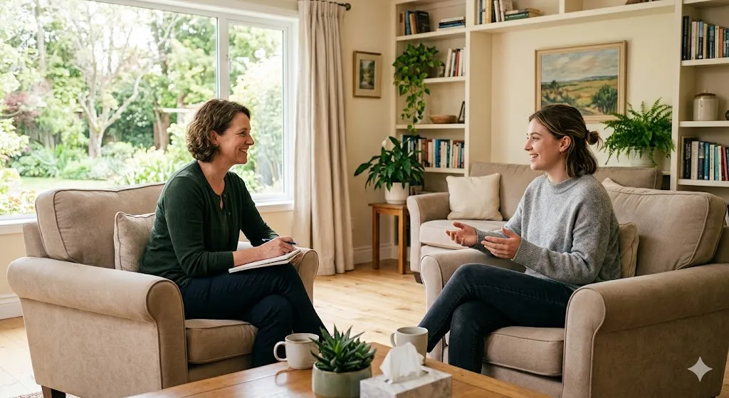 A therapist sitting in an armchair listens intently and smiles while holding a notebook, engaging in a one-on-one counseling session with a young woman in a bright, comfortable, and home-like residential living room setting.