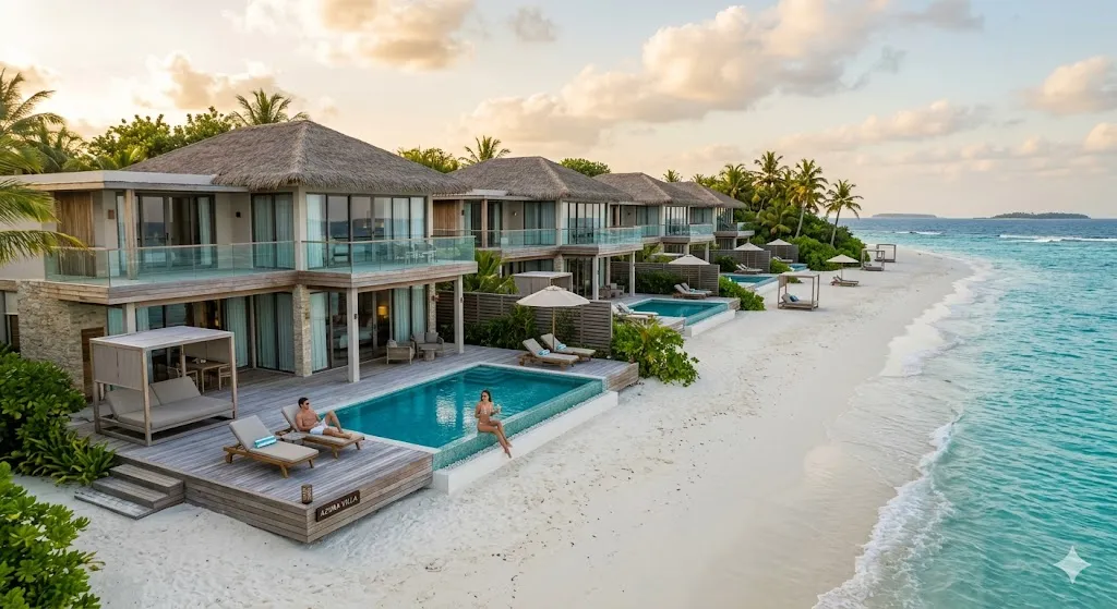 Aerial view of rows of luxury two-story beachfront villas with private infinity pools and thatched roofs on a white sand beach in Antigua, showcasing high-ROI real estate investments.