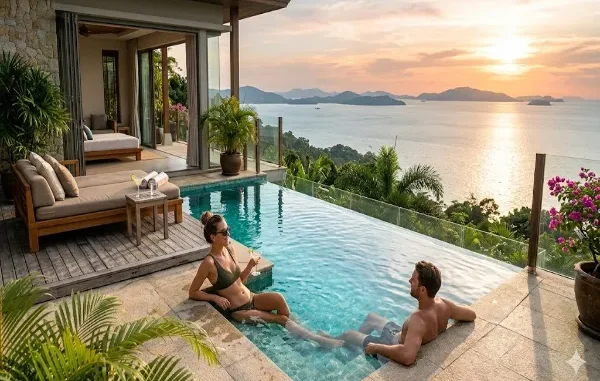 A couple relaxing in an infinity pool at a luxury villa at sunset, overlooking a tropical ocean bay and lush islands.