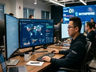 An IT professional in a SkyDefense hoodie monitoring a global live threat map and cybersecurity metrics on a dual-monitor setup in a modern security operations center.